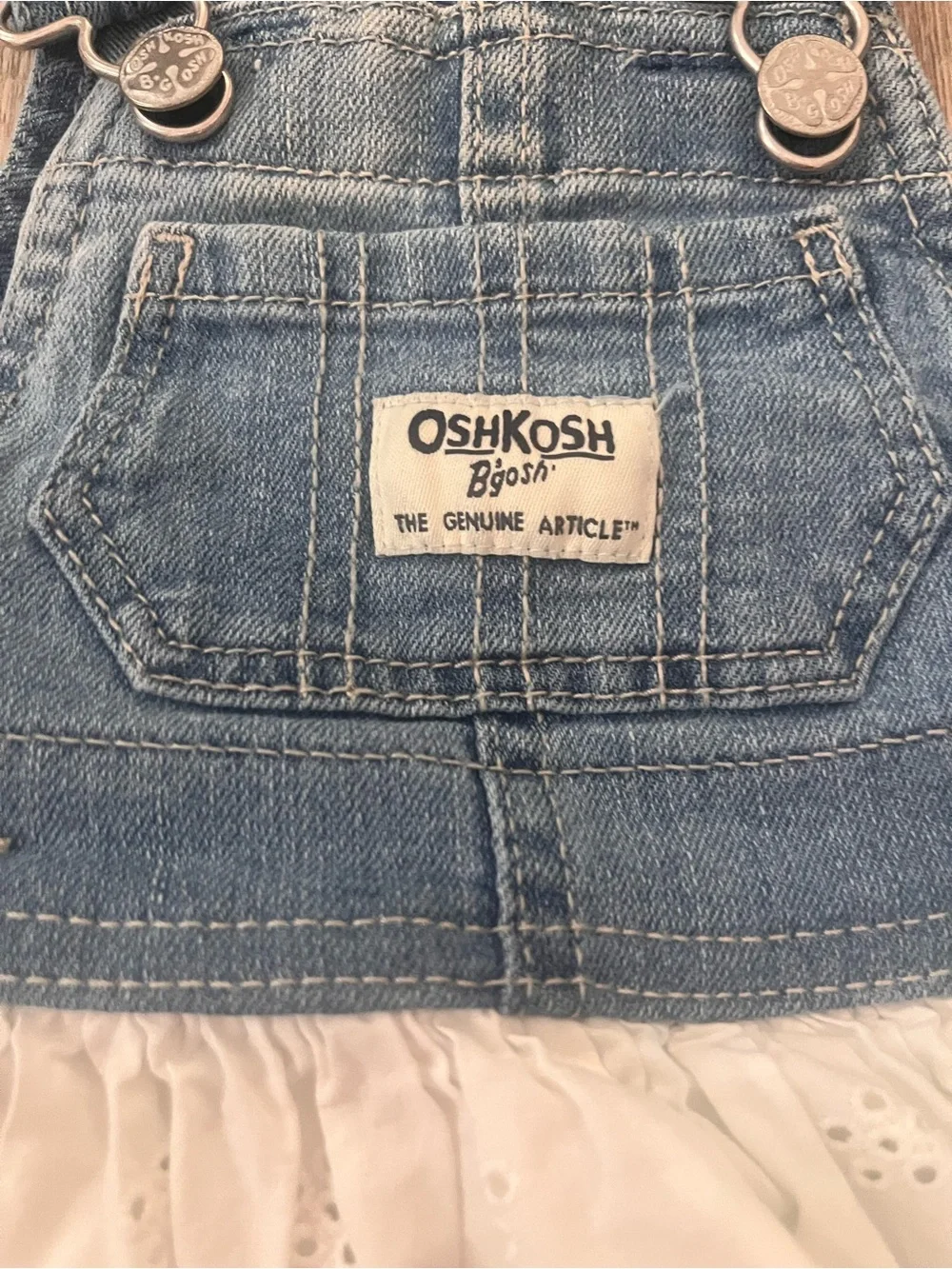 OshKosh B'gosh Blue Denim Overall Dress with White Eyelet Skirt